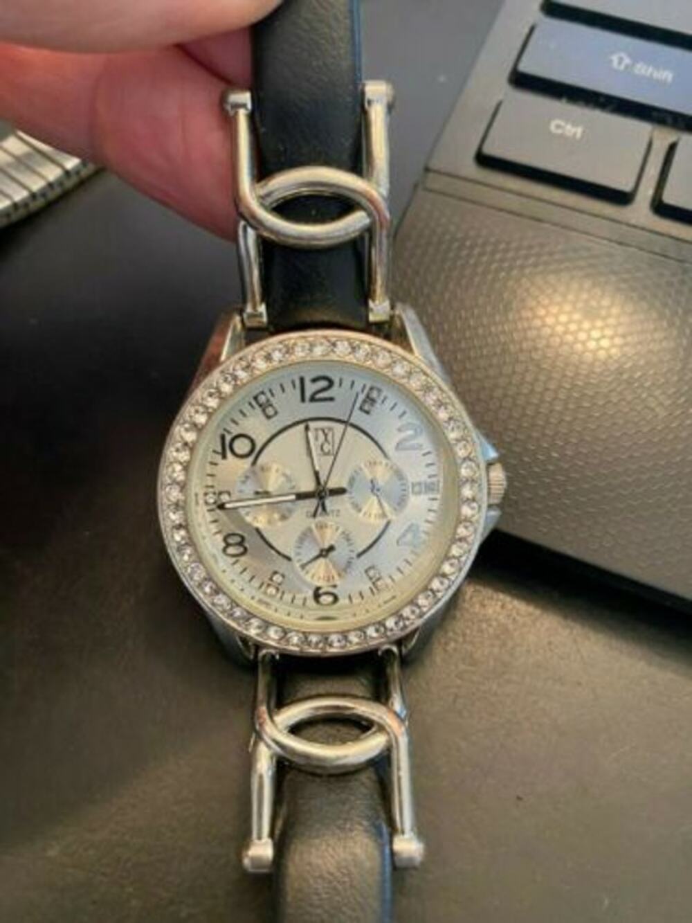 Women's NY&C Watch, Silver Tone with Rhnestones, Chrono Style, Black Band